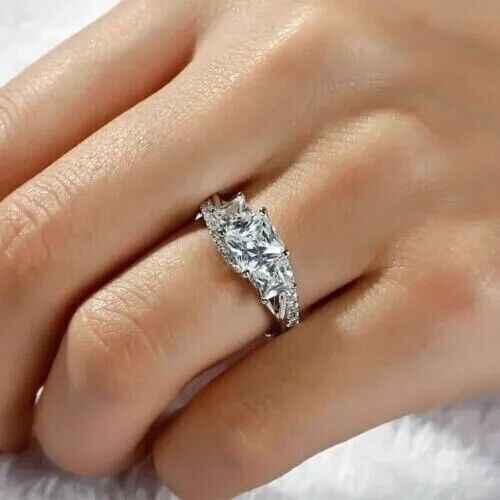 2.30Ct Princess Cut Simulated Three Stone Wedding Ring In 14K White Gold Plated - Picture 3 of 5