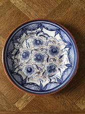 Vintage clay blue & white Hand Painted Plate. Portuguese. Lovely floral piece.