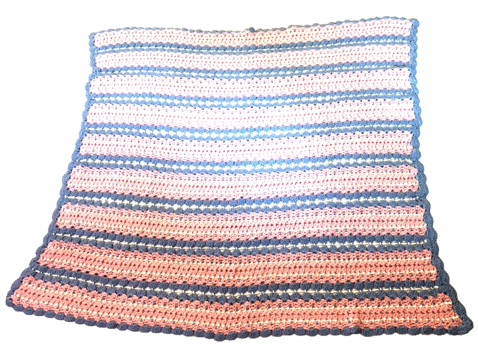 Manta bebé ganchillo hecha a mano rosa azul blanco rayas tiro afgano 52x52 Foto 4 de 4