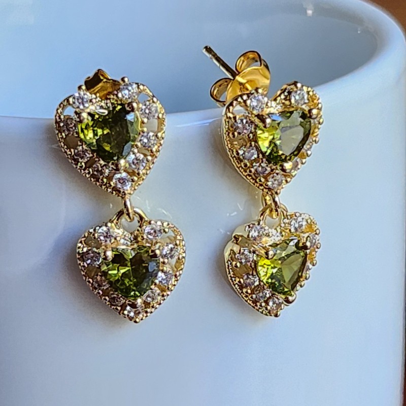 925 Sterling Silver 2.2CT Heart Peridot Sapphire Earrings Yellow Gold-plated