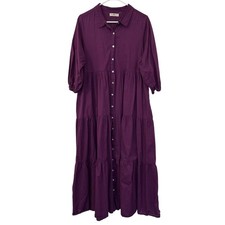 Natural Life Tiered Button Up 100% Cotton Dress Size M Purple Pockets Bohemian