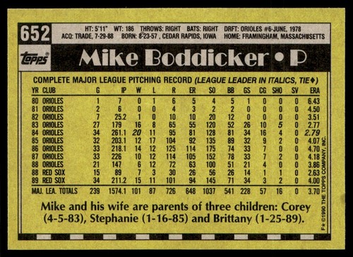 1990 Topps Mike Boddicker Boston Red Sox #652 - Picture 2 of 2