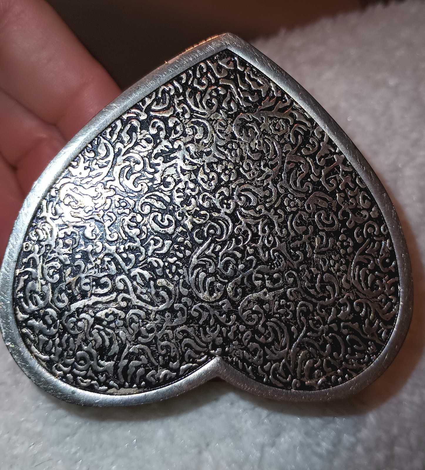 Vintage Heavy Silver Tone (Unsure Of Metal) Heart Ring Box, Int. Red Velvet