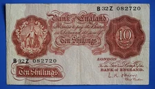 1955 Bank of England, 10 shilling banknote, O'Brien  Prefix "B32Z"  [33623]