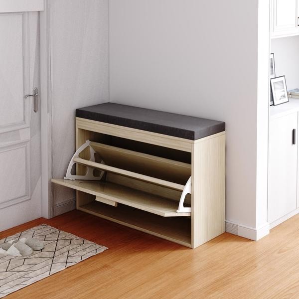 Rattan Shoe Rack Hallway Shoe Bench Shoe Cabinet with Flip-Drawer & Seat Cushion