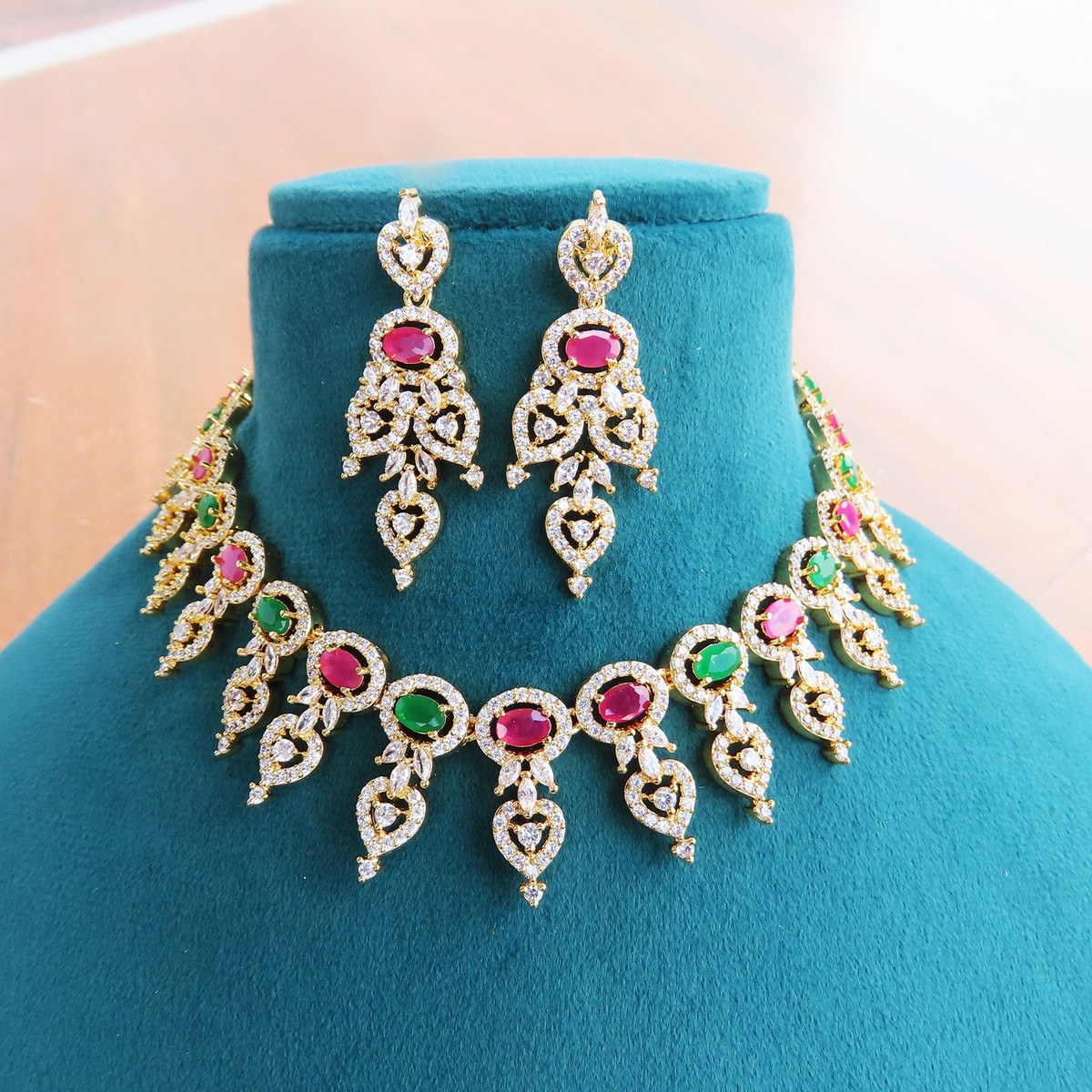Gold Plated American Diamond CZ Necklace Set Indian Bollywood