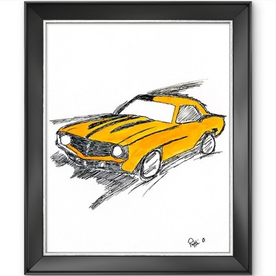 Orange Muscle Car Automotive Watercolor Art 14X11 Gallery Paper Signed Handmade
