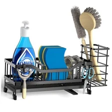 Sponge Holder for Kitchen Sink, Rustproof Sink Caddy with Long Brush Holder, 