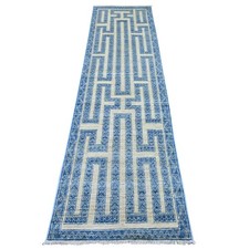 2'5"x9'5" Blue Fine Peshawar Maze Design Hand Knotted Soft Wool Runner Rug 22811