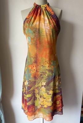 Vintage Class Roberto Cavalli Neckholder Kleid Mesh Orange Grün Gelb Türkis 40 L