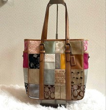 レアCOACHトートバッグ COACH Handbag Tote Patchwork B06Q-10001 Blue Brown Vintage Auth