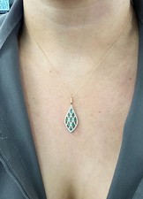 14K Yellow Gold Green Emerald and Natural Diamond Teardrop Pendant Necklace