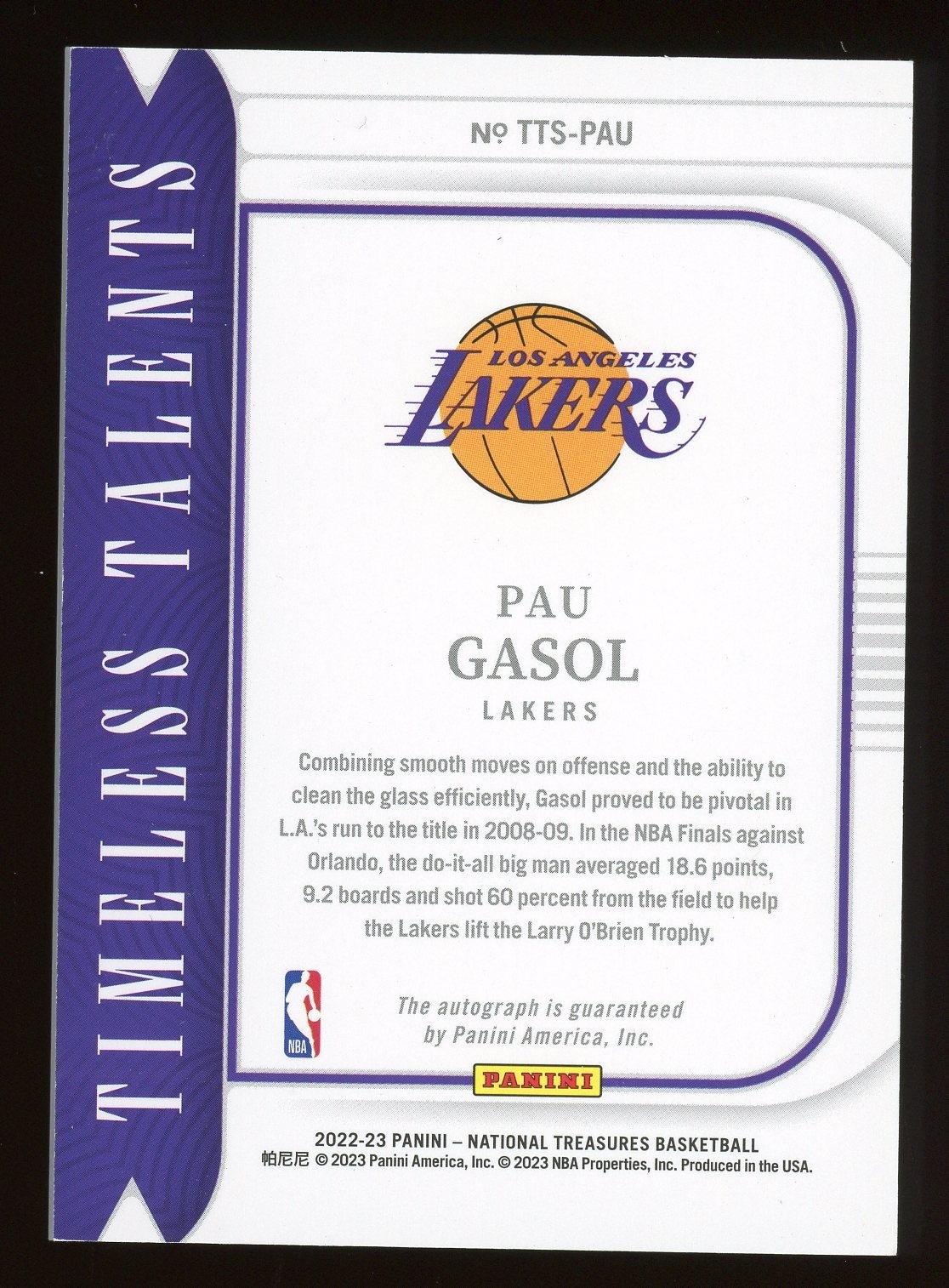 2022-23 National Treasures Timeless Talents Pau Gasol Auto Lakers Autograph /49 view 2