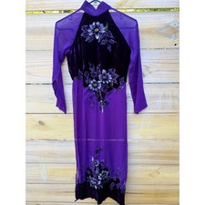 May Nha Purple Velvet Floral Embroidered Ao Dai Traditional Vietnamese Dress