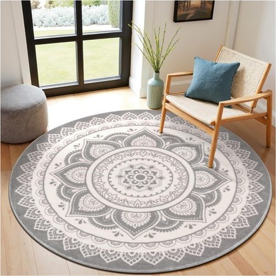 Runder Boho Teppich Wohnzimmer Schlafzimmer Waschbar 160cm Grau