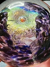 Vintage Paperweight 3" Dichroic Art Blown Glass Signed Iridescent Purple