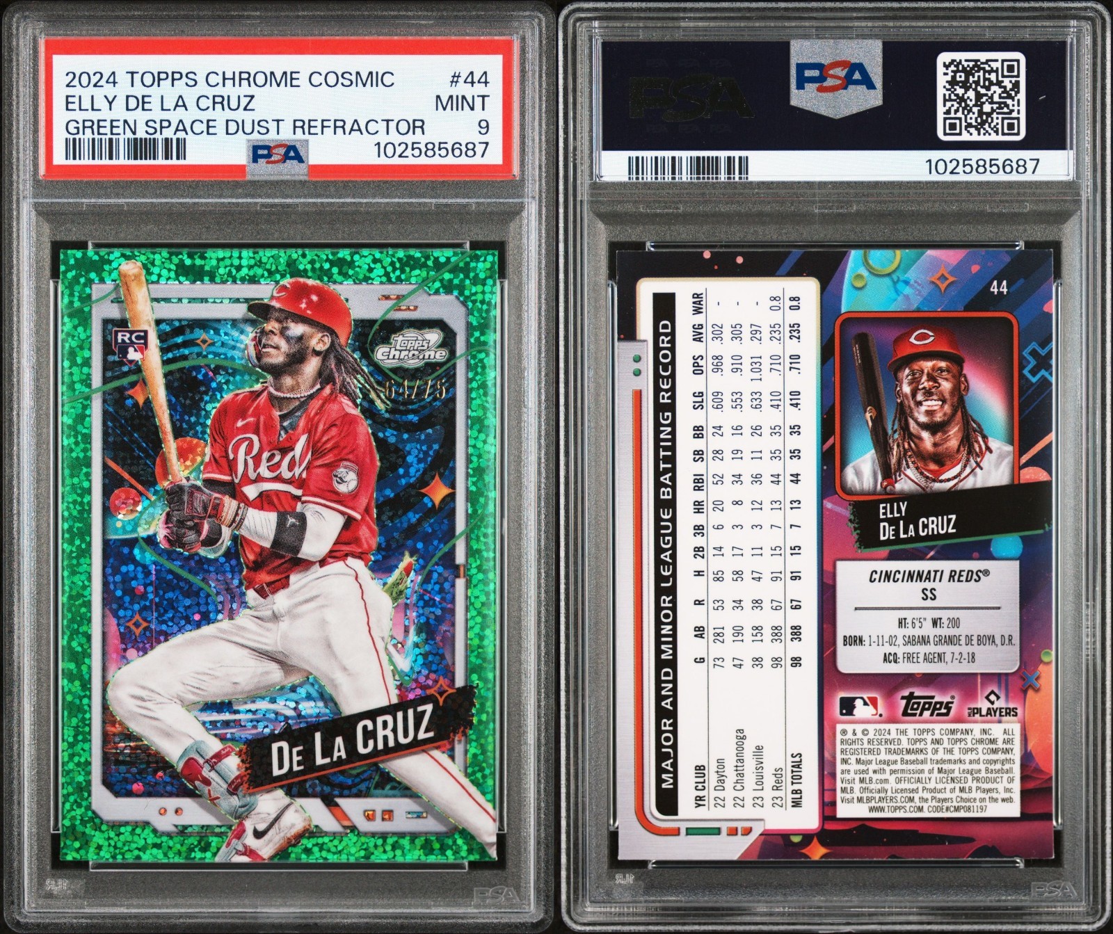 PSA 9 2024 Topps Cosmic Chrome Green Space Dust Refractor Elly De La Cruz RC /75