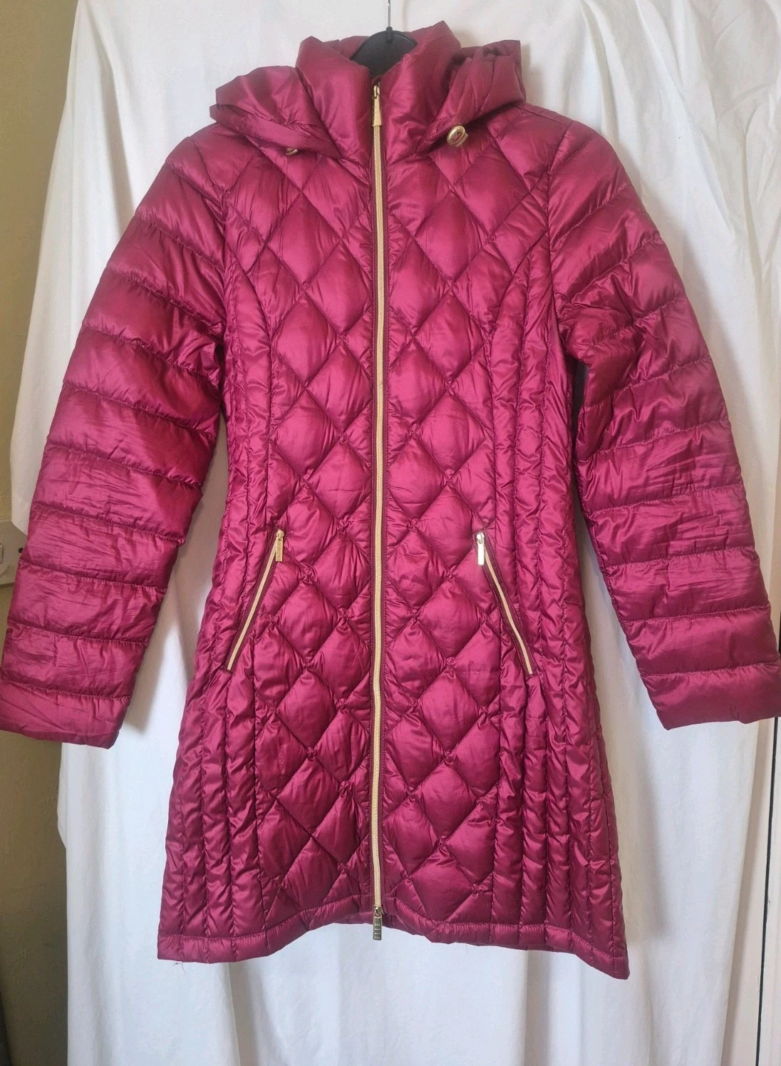 ELLE Janine Feather And Down Long Puffer Coat Quilted Size 10 Dark Red Full Zip