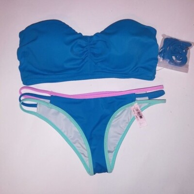 Victoria Secret Swim Bikini 32B Top XS Bottom Solid Blue Strapless Bandeau Strap
