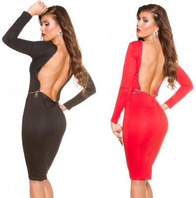 Abito donna tubino longuette rosso nero maniche lunghe con schiena nuda  taglia M | eBay