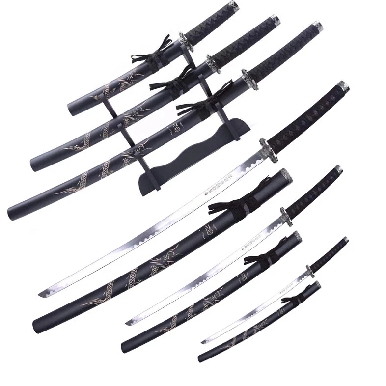 Juego de espadas Katana samurai japonesa de 3 piezas funda de madera grabada dragón con soporte Ni Foto 2 de 4
