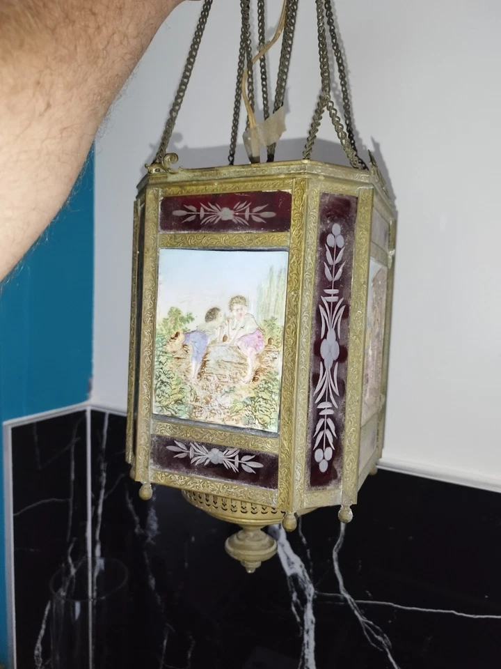 Rare Ancienne lanterne 4 lithophanies colorisées 19eme 1868 A Restaurer Laiton - Photo 2/4