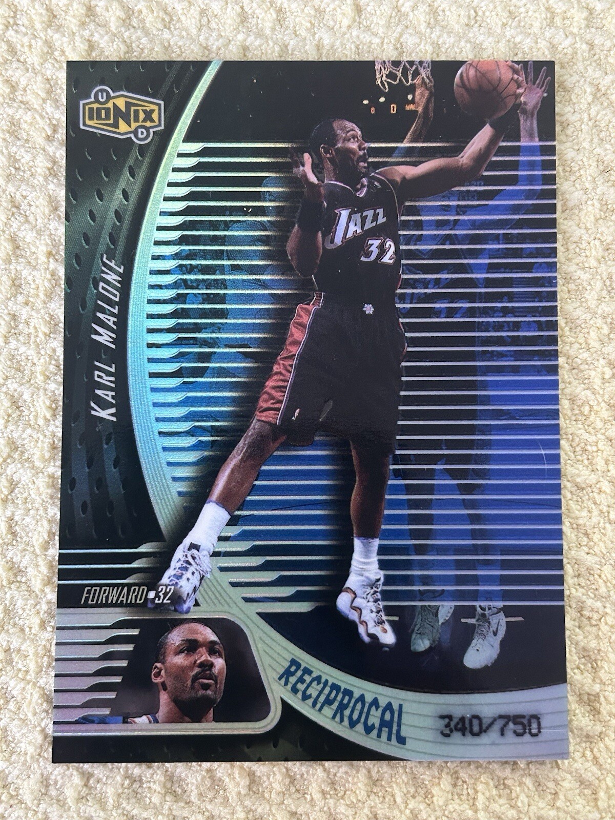 Karl Malone #R57 Basketball Cards 1998 Upper Deck Ionix Reciprocal trading card — raw and PSA graded price guide