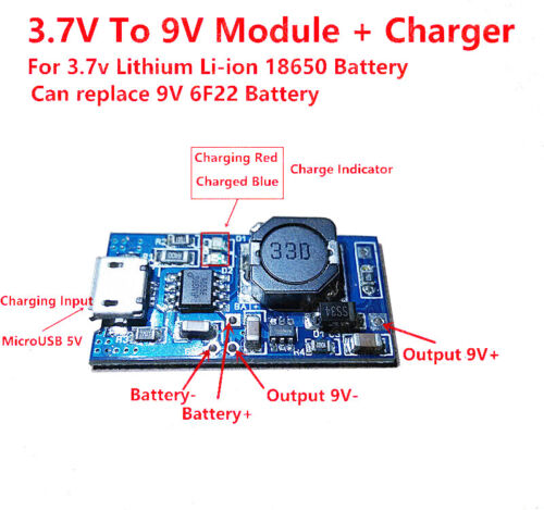 USB 3.7v 4.2v Boost Step Up 9V 6F22 Lithium Li-ion 18650 Batterie Charger Module - Picture 1 of 3