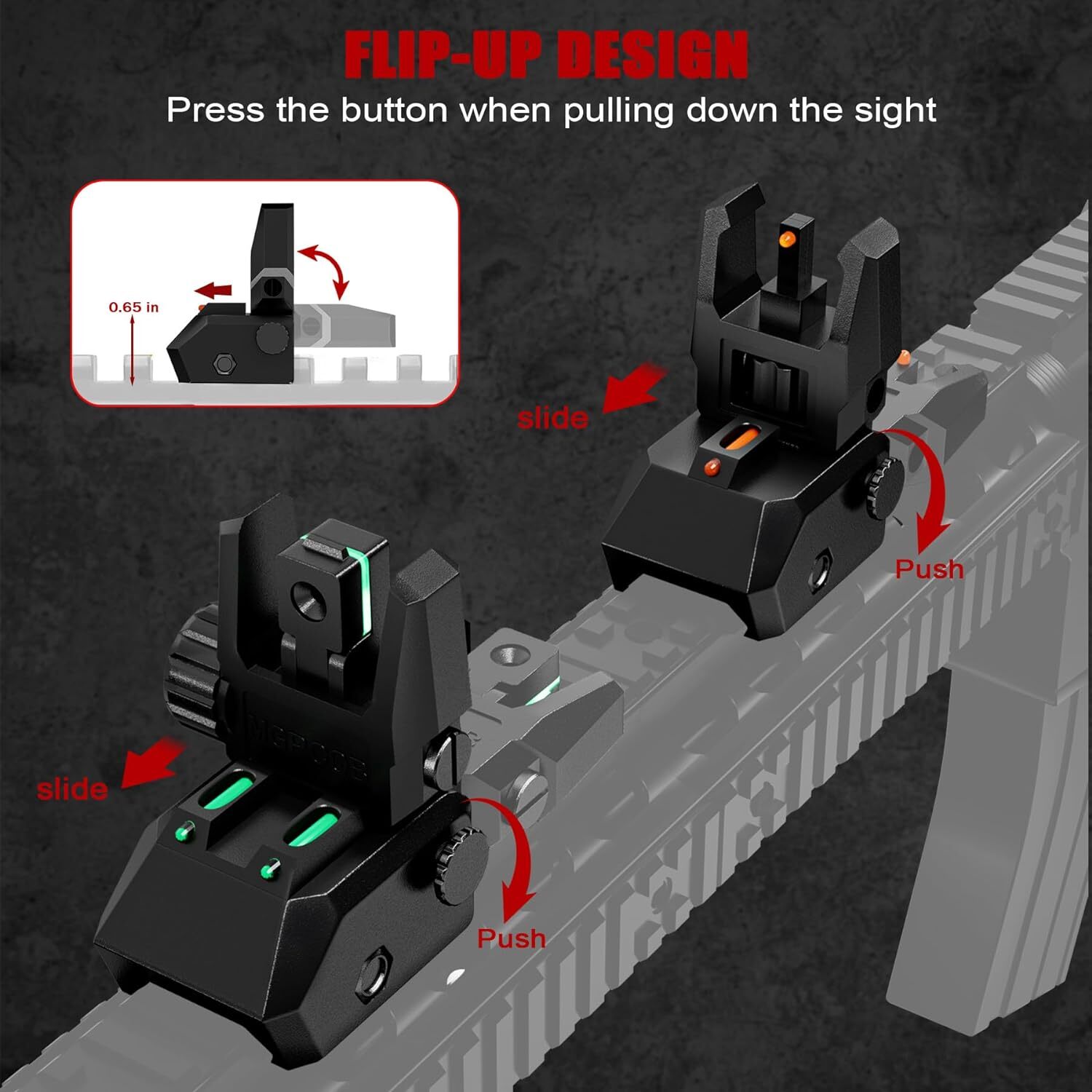 Foldable Iron Sights Flip-up Front and Rear Sight Fiber Optics Dual Aiming Mode