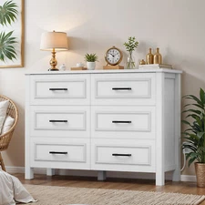 Chest of 6 Drawers Dresser White Wood Tower Organizer Bedroom USB Ports TV Stand