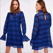 Free People Blue Lace Simone Long Sleeve Mini Dress XS