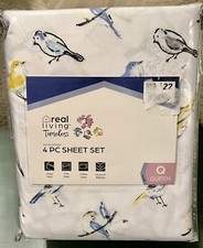 Real Living Timeless 4pc Queen Sheet Set Microfiber White Yellow Blue Birds NEW