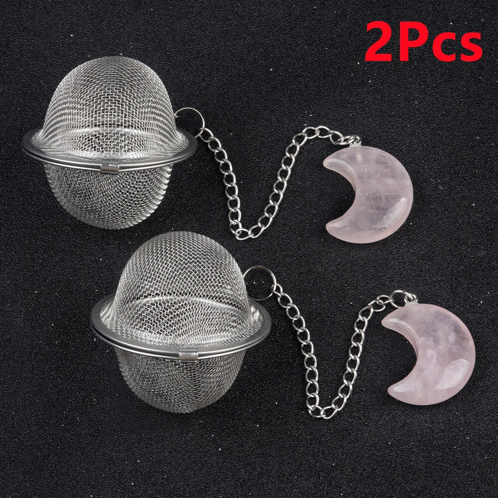 2Pcs Natural Rose Quartz Moon Stainless Steel Tea Ball Strainer Infusers HT2333
