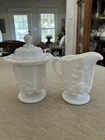 Vintage Westmoreland Milk Glass Paneled Grape Creamer and Lace Edge Lidded Sugar