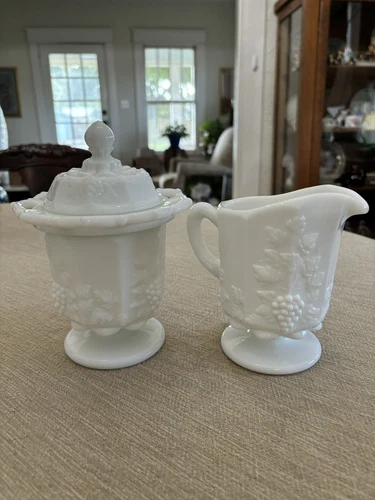 Vintage Westmoreland Milk Glass Paneled Grape Creamer and Lace Edge Lidded Sugar
