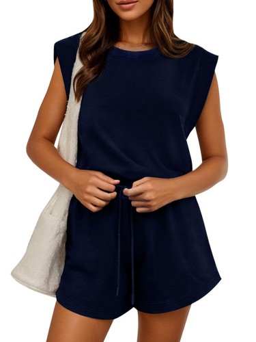 Women's Crewneck Romper Cap Sleeve Adjustable Drawstring Waistband Casual Outfit - Picture 14 of 16