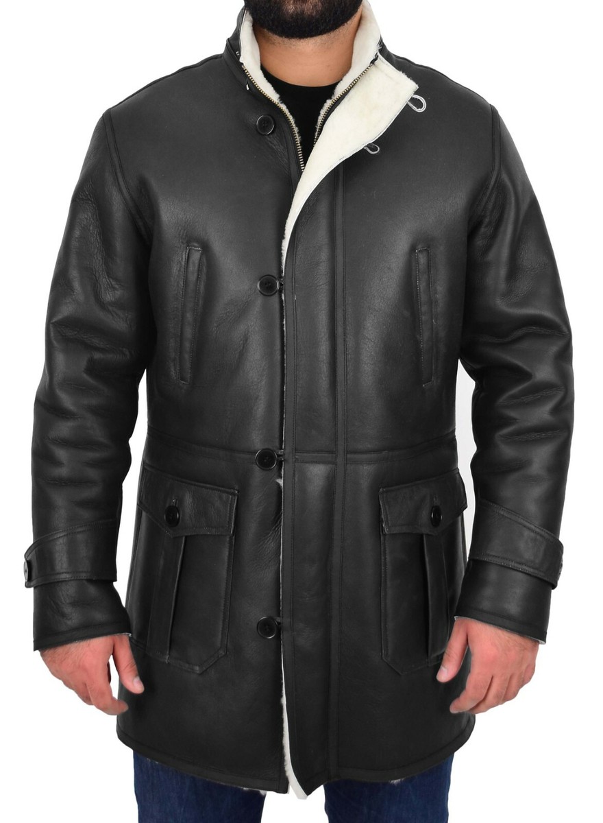 Mens Real Sheepskin Duffle Coat Black Hooded Lamb Shearling