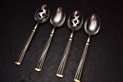 KIRK STIEFF CLOISONNÉ BLACK GOLD STAINLESS EMBASSY Art Deco 4 Pc Serving Spoons