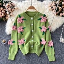 Lady Girl Knitted Sweater Cardigan Coat Top Embroidery Floral Casual Winter Cute