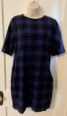 Women s GAP Designed & Crafted Blue Plaid Sheath Dress Sz M Pockets 100% Cotton