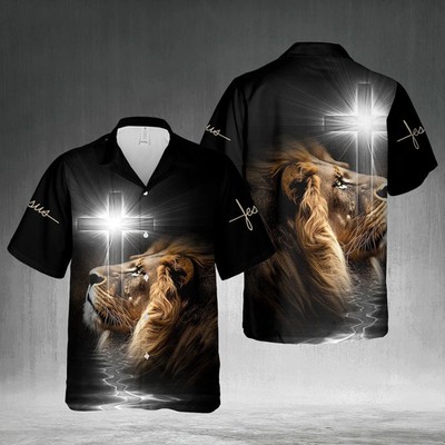 The Light Shines In The Darkness Lion Cross Hawaiian Shirt Full Size S-5XL