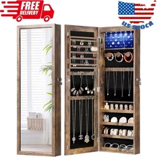 6 Leds Mirror Jewelry Cabinet with 3 Improvements, 4.2" D Door/Wall Mounted Jewe