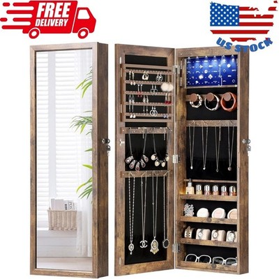6 Leds Mirror Jewelry Cabinet with 3 Improvements, 4.2'' D Door/Wall Mounted Jewe