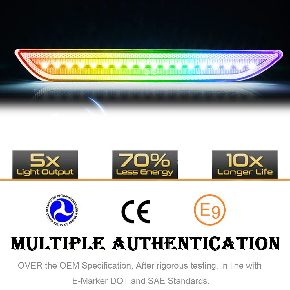 2x Smoked RGB LED Rear Bumper Side Marker Brake Light for Ford Mustang 2015-2023