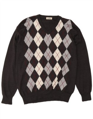 PAOLO OTTAVIANI Mens V-Neck Jumper Sweater 2XL Grey Argyle/Diamond Wool CK13