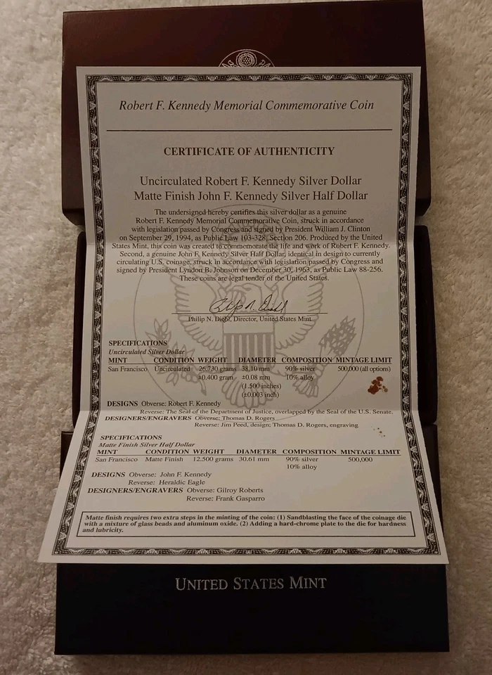 1998 US Mint Robert F. Kennedy Memorial  2 Silver Coin Commemorative Set  - Image 4 of 4