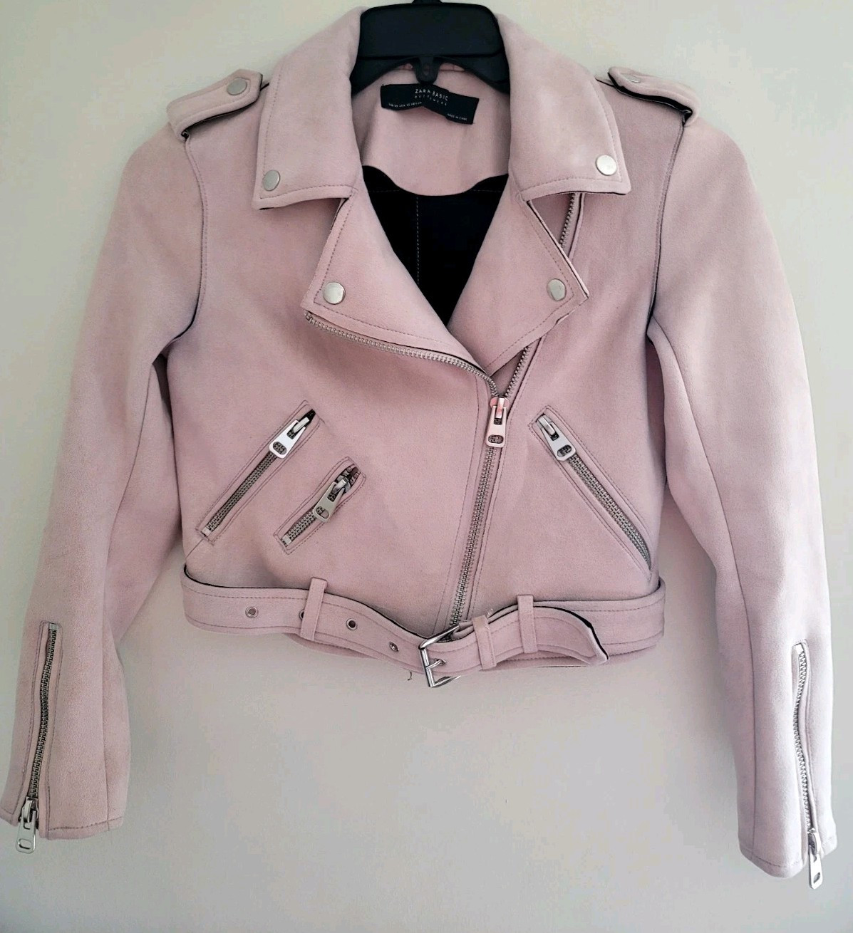 Zara Outerwear Jacket Womens Size XS Pink Faux Suede Biker Moto Zip Up Belted