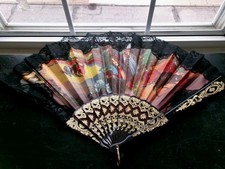 Vintage Spanish Flamenco Large 14"H Hand Fan Gilt Celluloid Ribs Bullfight Print