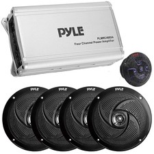 Pyle PLMRC400X4 800W Marine Amp  4x 8" 300W Speakers Black , Wireless Remote