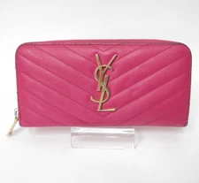 Authentic YSL Saint Laurent Leather V stitch Zip Around Long Wallet I#46068